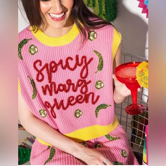 Queen of Sparkles Spicy Margarita Jalapeño Sequin Sweater Vest L NWOT - Picture 1 of 12